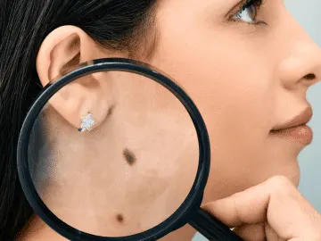 Stock photograph of a model: a magnifying glass over a mole on a woman’s cheek