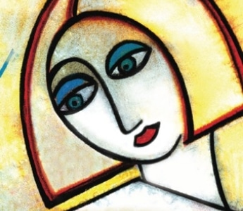An abstract painting of a woman’s face framed by red hair on a yellow ground