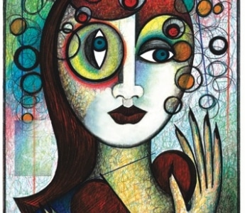 An abstract painting of a woman’s face among bright circles, one eye green and one blue