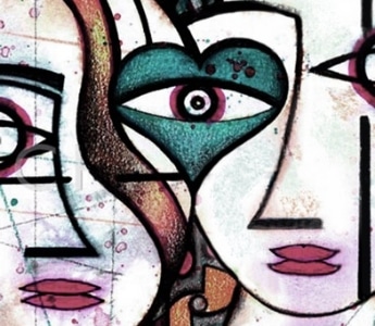 An abstract painting of two faces in profile, one eye drawn as a teal heart