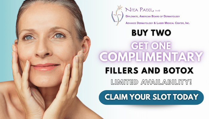 Promotional graphic: "Buy Two, Get One Complimentary, Fillers and Botox. Limited availability! Claim your slot today" beside a stock-photo model with hands on her cheeks, with the Nita Patel, MD, logo.